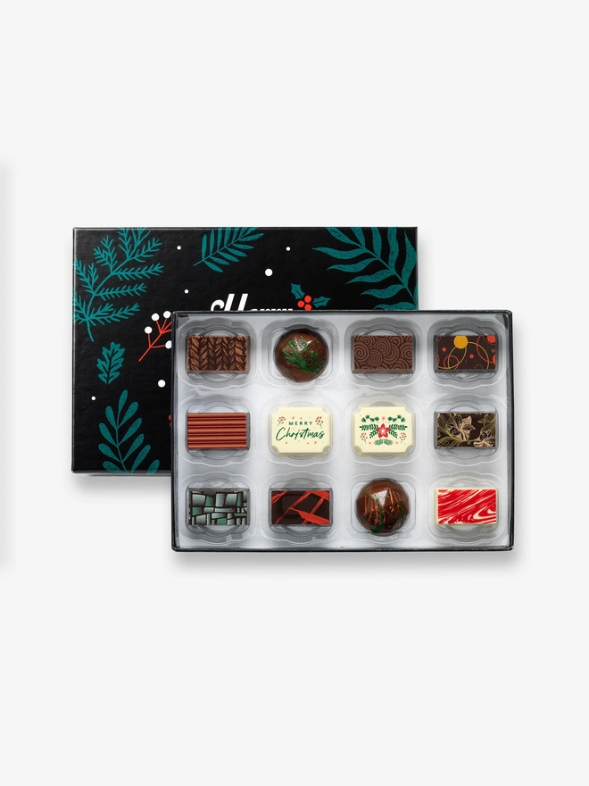 A Christmas themed box of hand painted artisan chocolates by Harry Specters