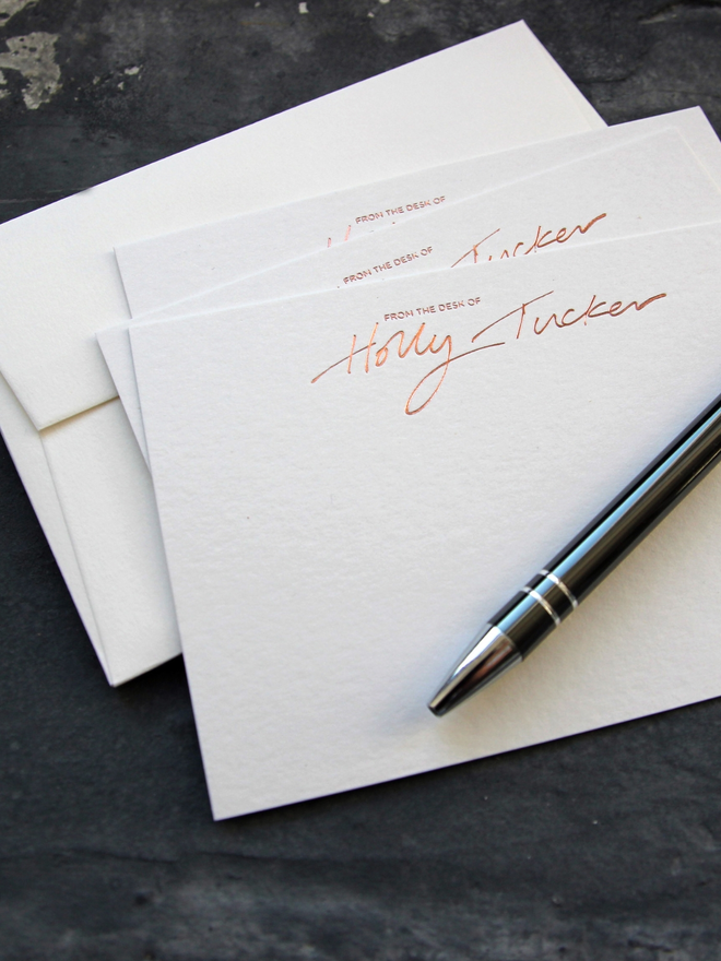 peronalised correspondance notecards hand foiled in rose gold foil