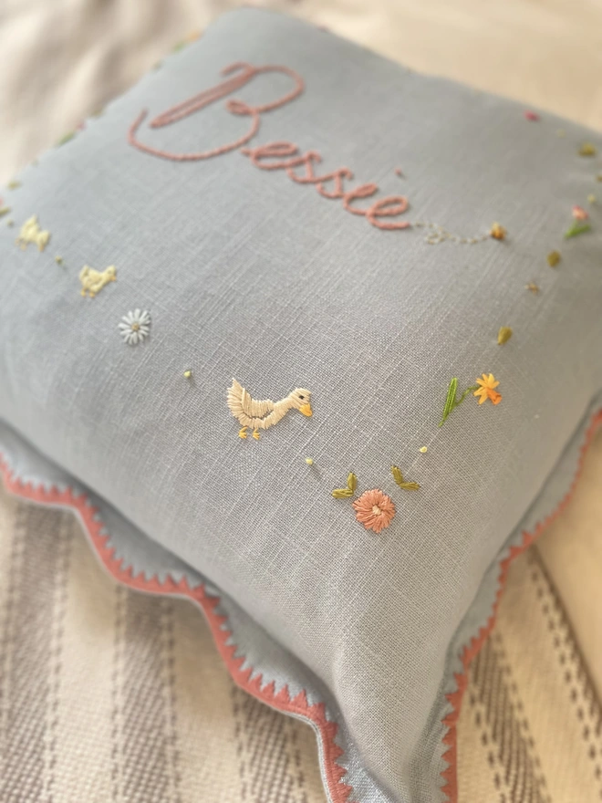 Scallop trim cushion with hand embroidered bespoke design. New baby. First birthday. Special gift. Handmade pillow