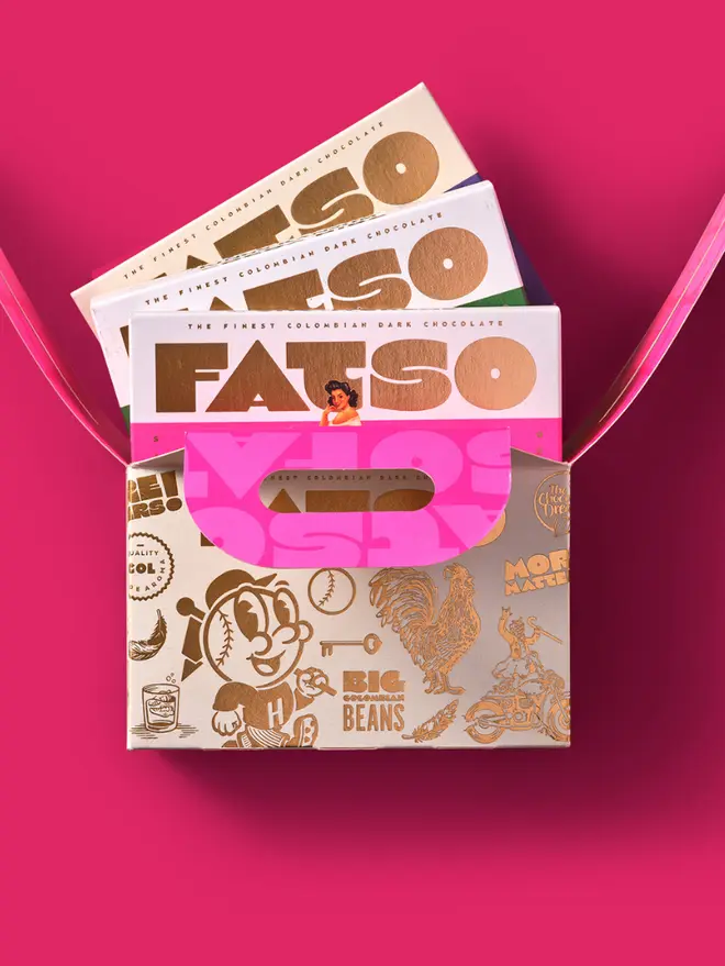 FATSO Chocolate Feast 2.0 (Set of 3), a feast of three bars sitting in their packaging in front of a pin backdrop