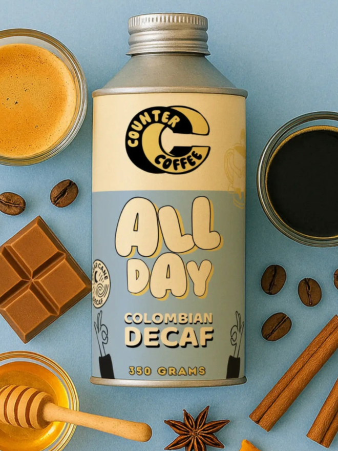 All Day Decaf. A jar of coffee from Counter Coffee.