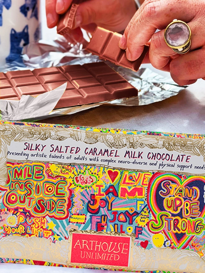 Full of Joy Silky Milk Salted Caramel Chocolate packaged in foiled card with bright positive messages