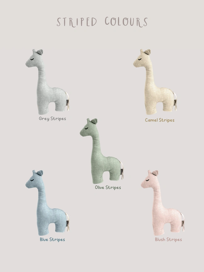 Giraffe soft toy in all the striped colours available