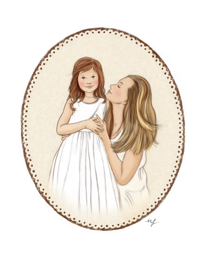 an illustration of a personalised portrait of a mother and her daughter drawn in a traditional vintage story book style. Pencil outline digitally coloured in a decorative oval sepia border wedding bridesmaid dresses mummy and me commissioned portrait