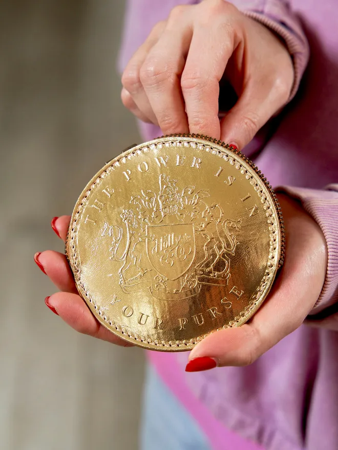 gold leather farthing coin purse 'The power is in your purse'