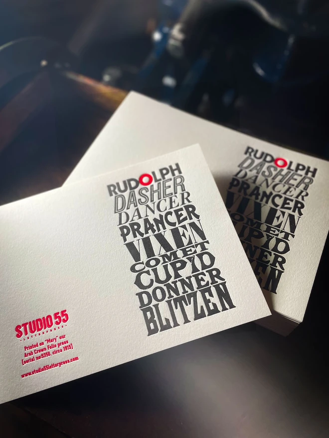 Nine reindeer. Nine typefaces. One magical flight. A typographic tribute to Santa’s reindeer, printed with care in classic letterpress tradition. XMAS For all you typographers out there, A pack of these beautiful typographic letterpress Christmas cards. Printed with rich inks with luxury matching and contrasting envelopes; ideal to send to your designer friends at the festive season. Hand printed on "Mary"; my vintage treadle Arab platen. 