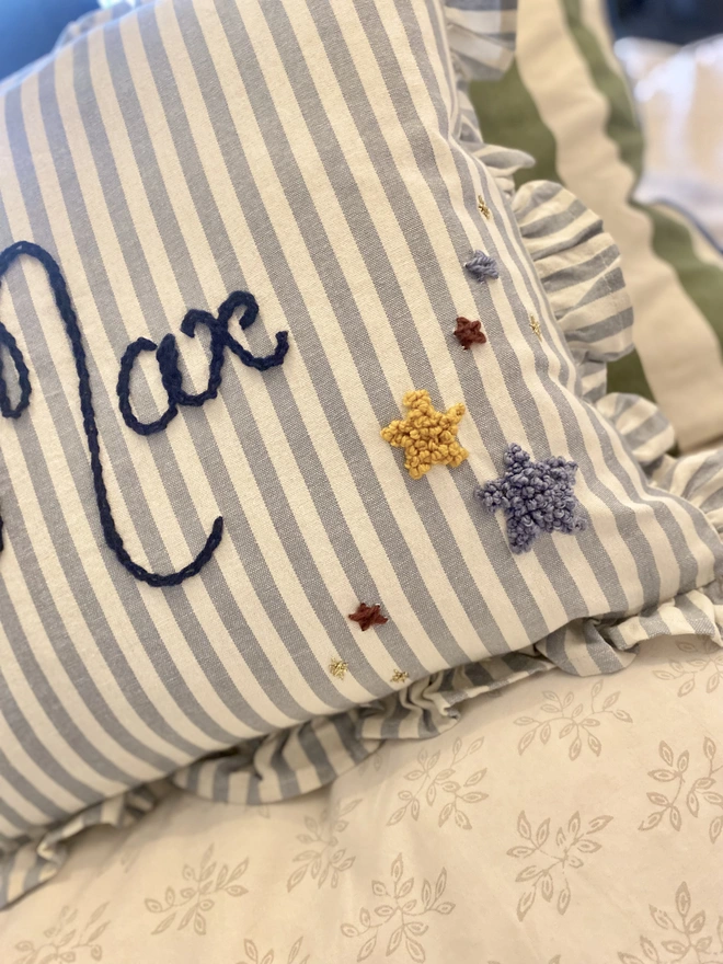 Blue Stripe Cushion With Ruffle Trim