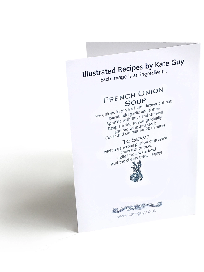 French onion soup greetings card illustrated recipe cooking instructions back lino cut kate guy