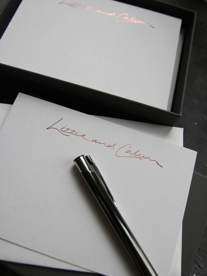 peronalised correspondance notecards hand foiled in rose gold foil