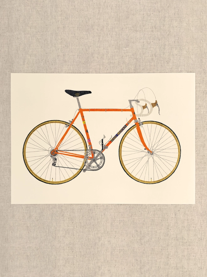 Vintage Orange Bicycle print, unframed, against a neutral background
