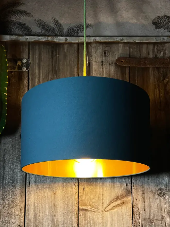 Petrol Blue Cotton Drum Lampshade with Gold Lining