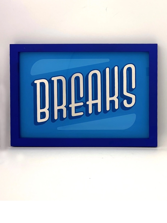 'Breaks, Beats,Funk, Soul' Gold Leaf Glass Artwork, against a white wall. 