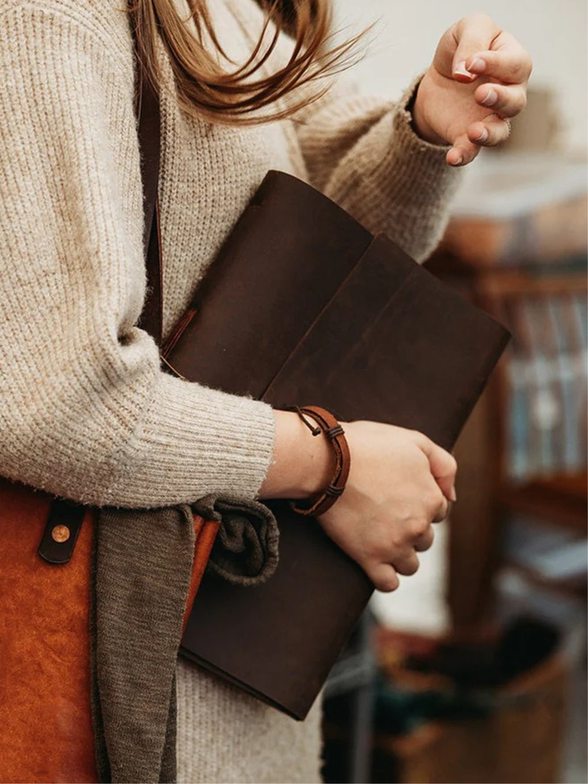  leather refillable ring binder. a hand held dark brown leather journal. 