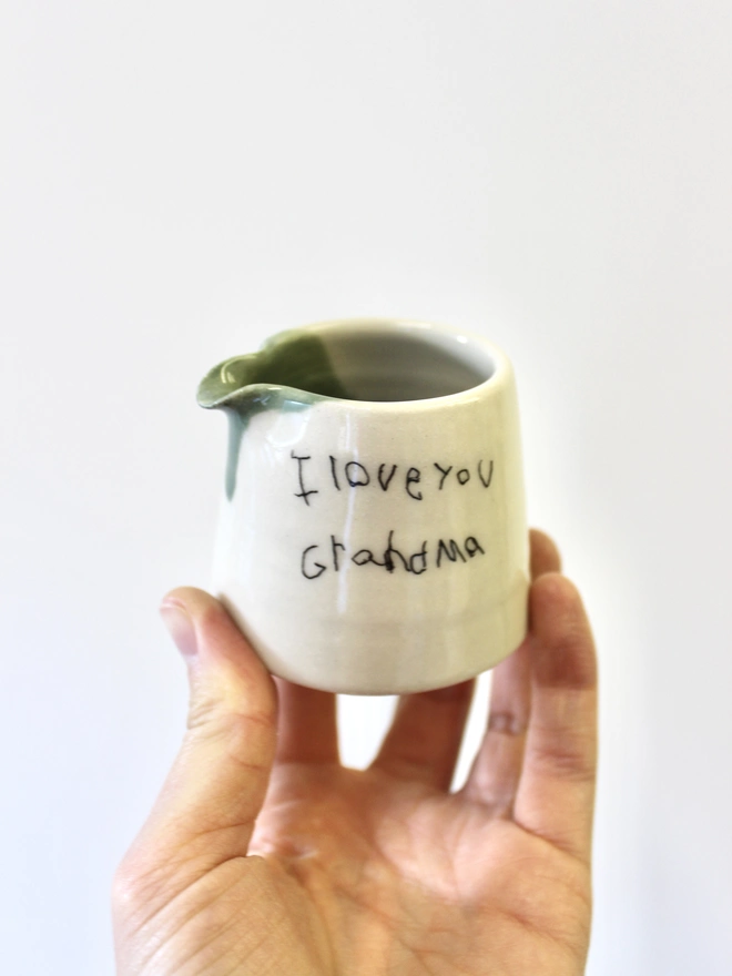 mini pour jug with a child's personalised handwriting 'I love you Grandma'