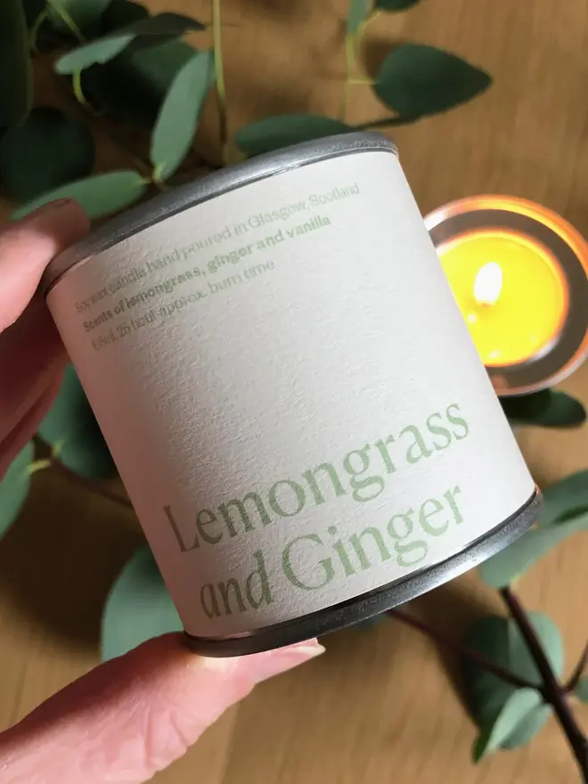 Lemongrass & Ginger, against a plant background. 