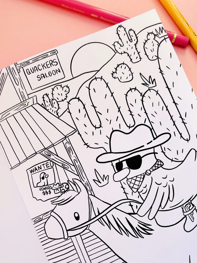 Inside page from dapper ducks colouring book shows a duck in a cowboy hat and sunglasses riding a horse in a desert environment 