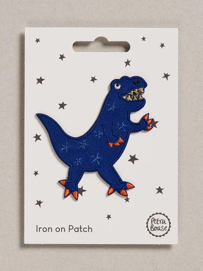 Blue Dinosaur embroidered fabric patch with an iron-on backing