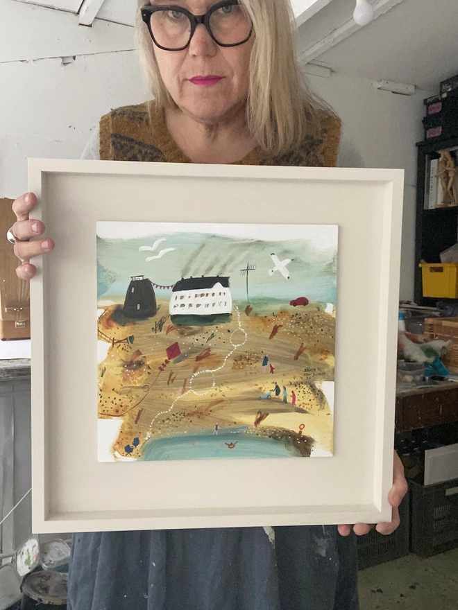 Charming whimiscal painting of the coast by Samantha Barnes, Narrative Art Beach Scene