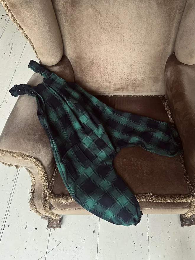 Upcycled kids dungarees green tartan