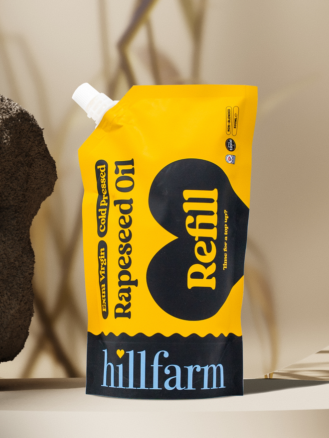 yellow pouch of rapeseed with 'hillfarm' text logo