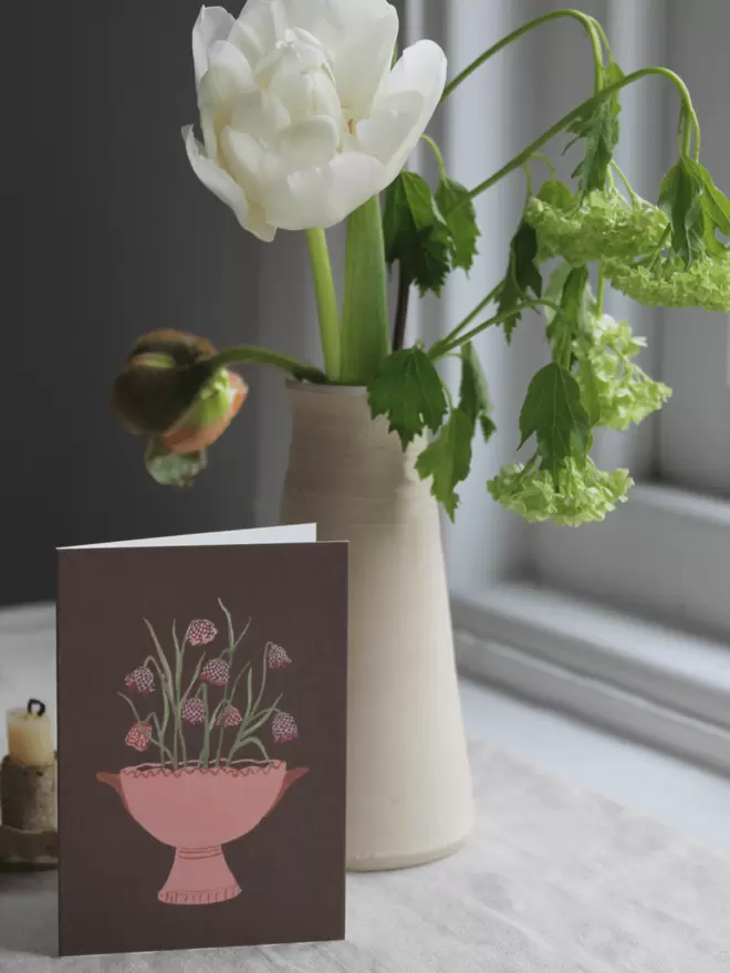 fritillaria or snakes head flower greetings card