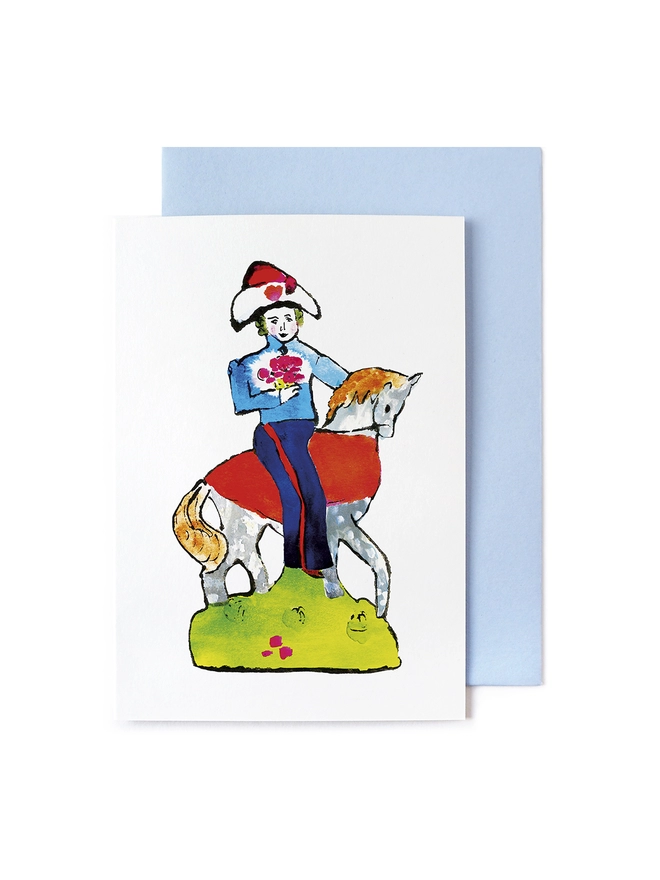 Greeting card with blue envelope featuring a pen and ink illustration of a Soldier on a horse Staffordshire antique ceramic.