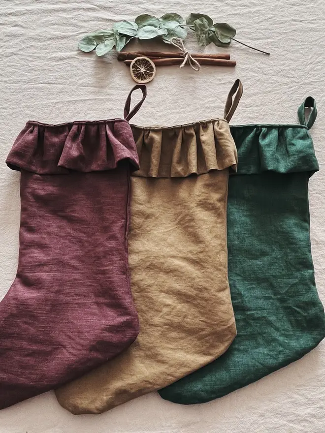 linen christmas stockings burgundy gold forest green