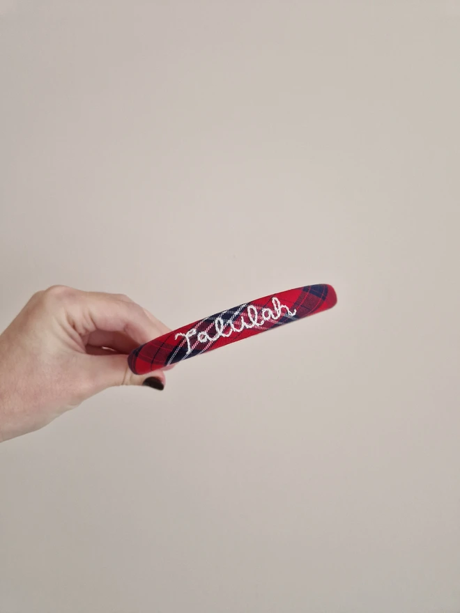 hand embroidered red blue tartan name headband