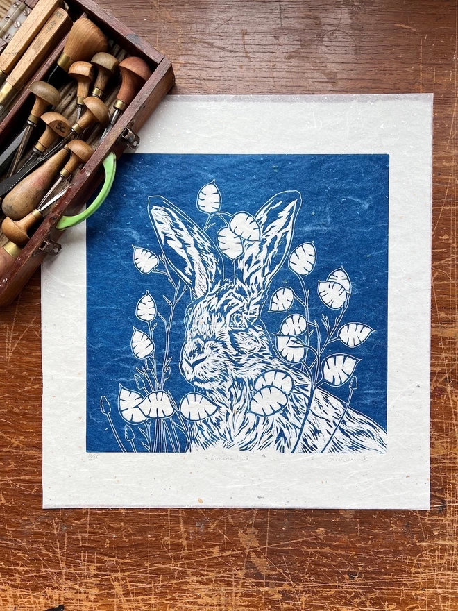 lunaria honesty petals and hare linocut