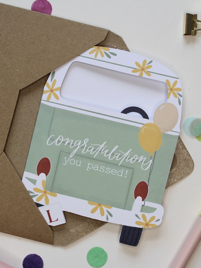 you passed driving test card. card shaped like campervan to congratulate new driver.
