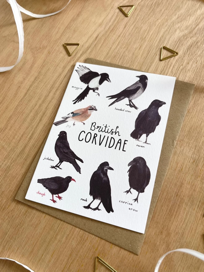 a greetings card featuring corvid birds found in britain and the words “British Corvidae”