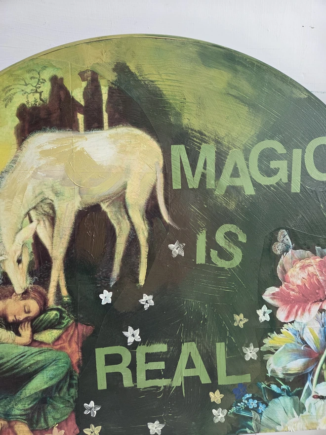 A magical unicorn art panel made from a reclaimed table-top