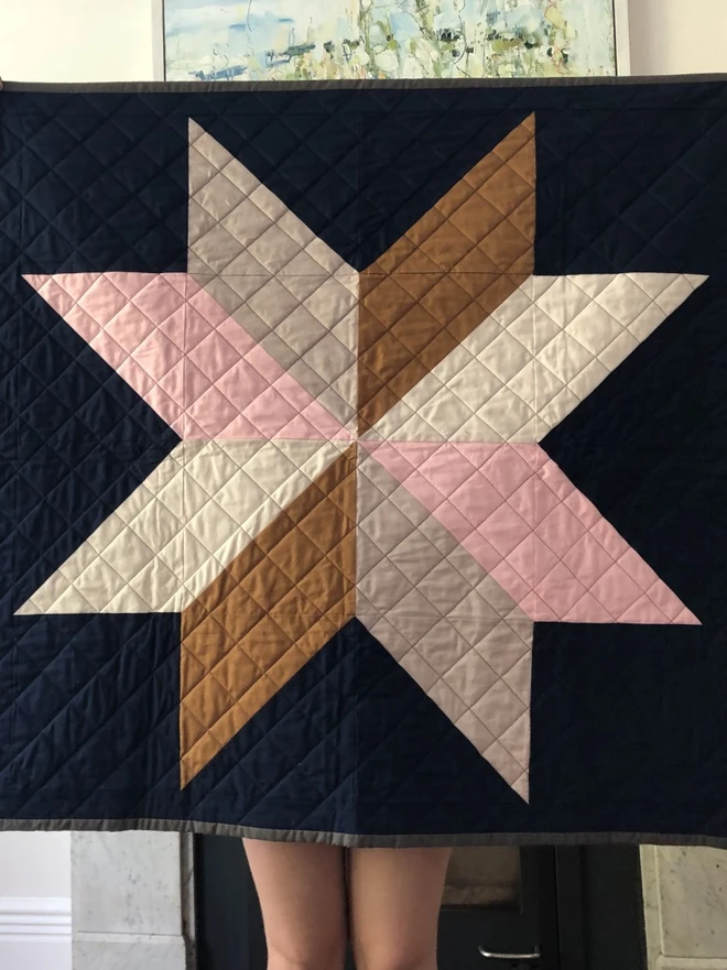 Winter Star Cotton Baby Quilt or Playmat. A star design patchwork in navy, browns, pink and cream.