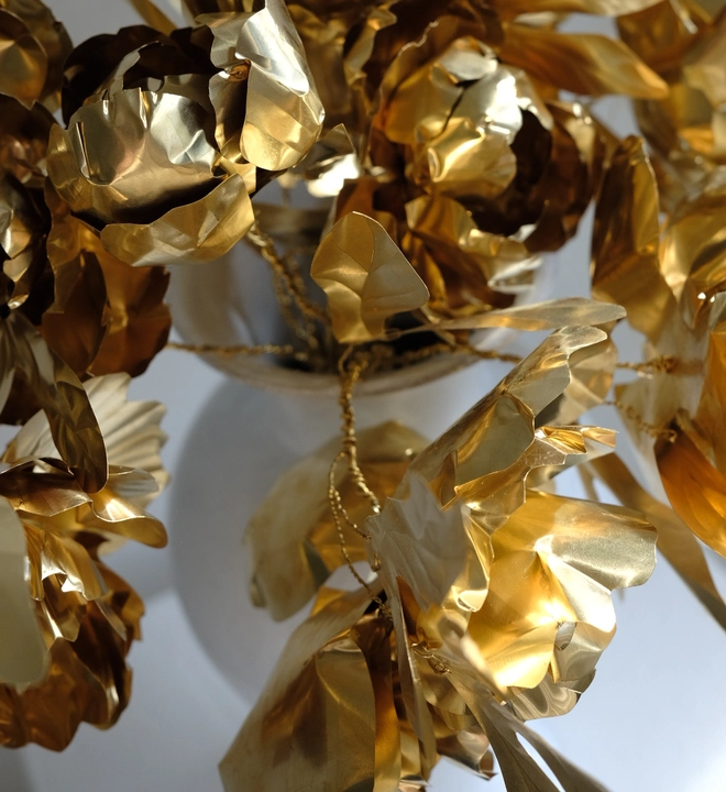 Flower details of large bouquet of heirloom brass peony roses by artist Debbie Fairbrass