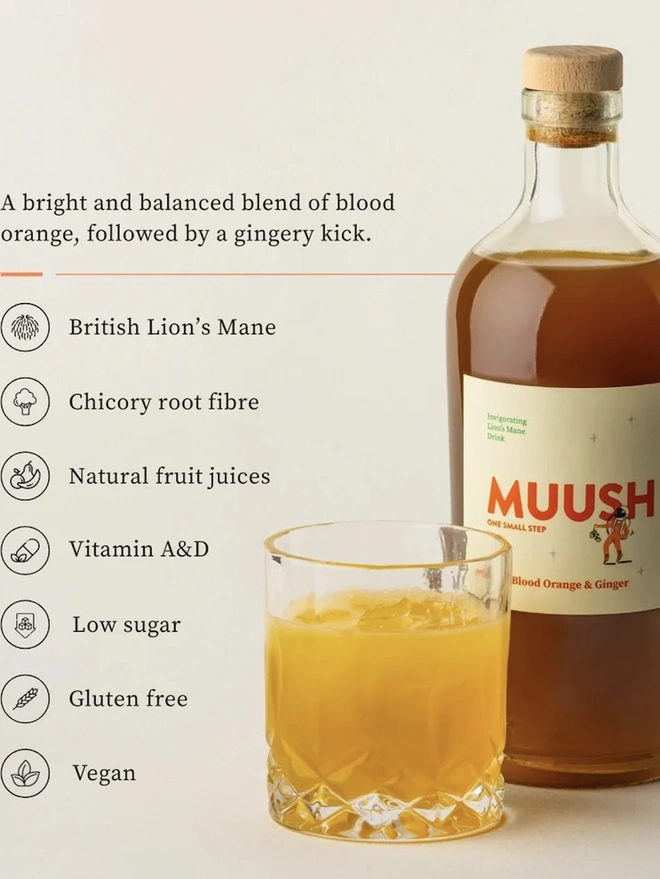 Blood Orange & Ginger Elixir, an infographic describing the contents and benefits of the drink. 