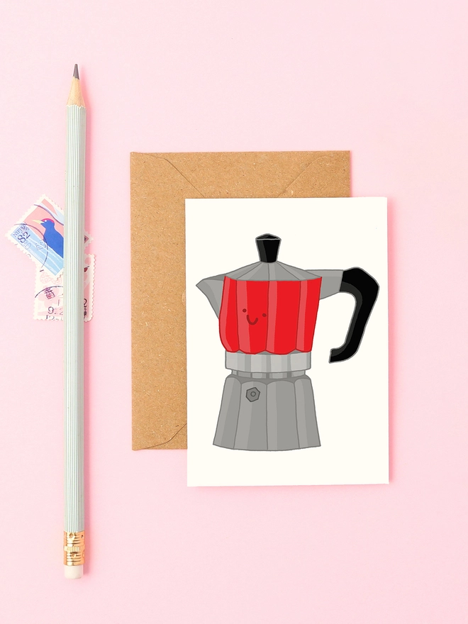 Mini greeting card featuring a hand-drawn espresso percolator with a smiley face, printed on pearl card stock, perfect for coffee lovers.