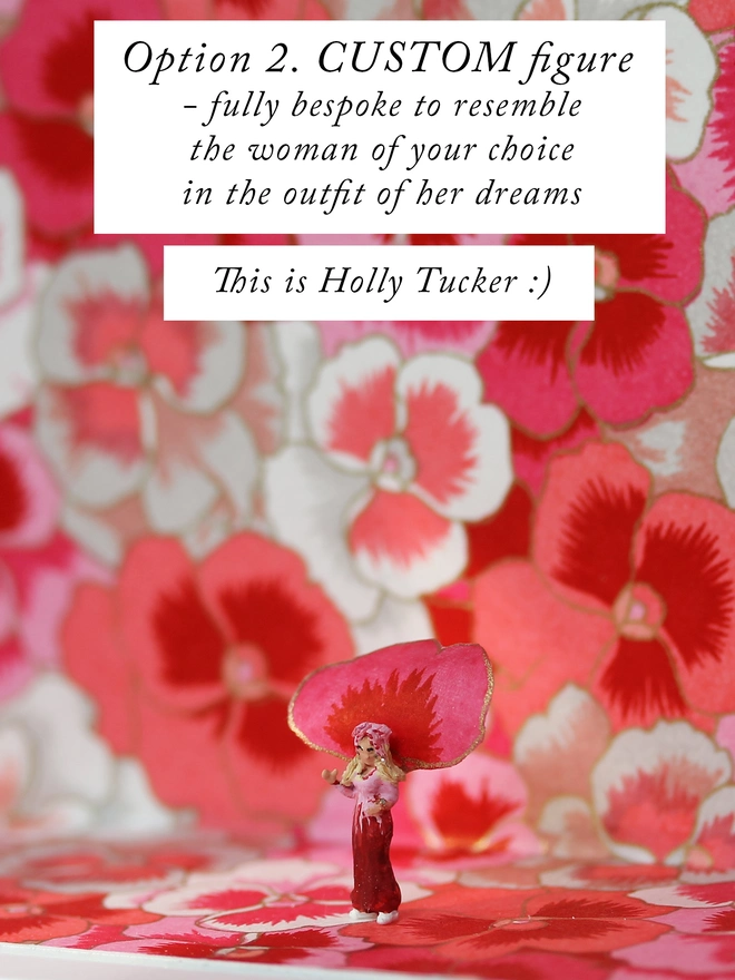 This is an example of a fully CUSTOM artwork where the tiny figure resembles the real person of your choice.  This example shows Holly Tucker