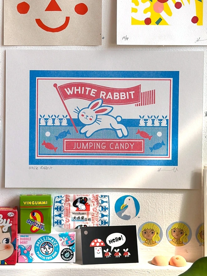 'White Rabbit' Jumping Candy Risograph Print