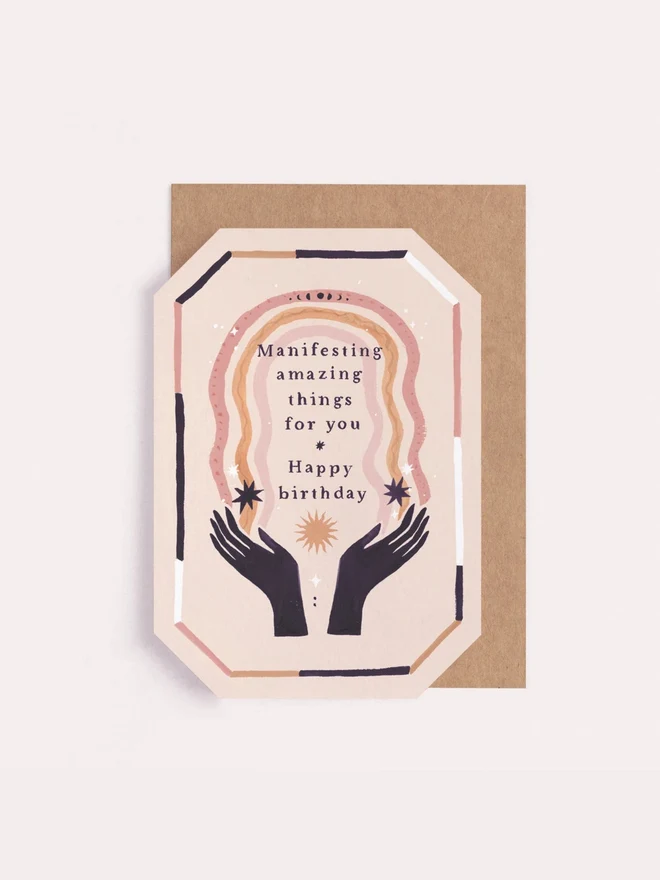 Manifesting Birthday Card shown with its kraft envelope
