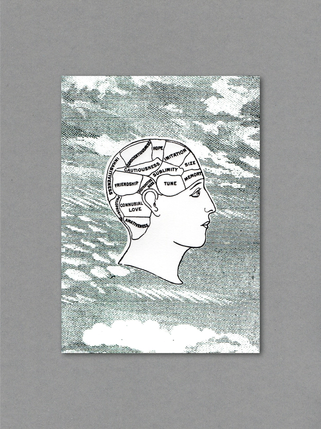 The front cover of a Notebook with a dark green, cloud pattern background and ‘floating’ illustration of a head. The head contains different words such as ‘friendship’ and ‘memory’.