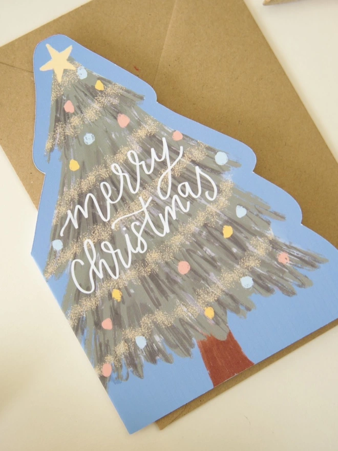 Illustrated Christmas tree cutout card