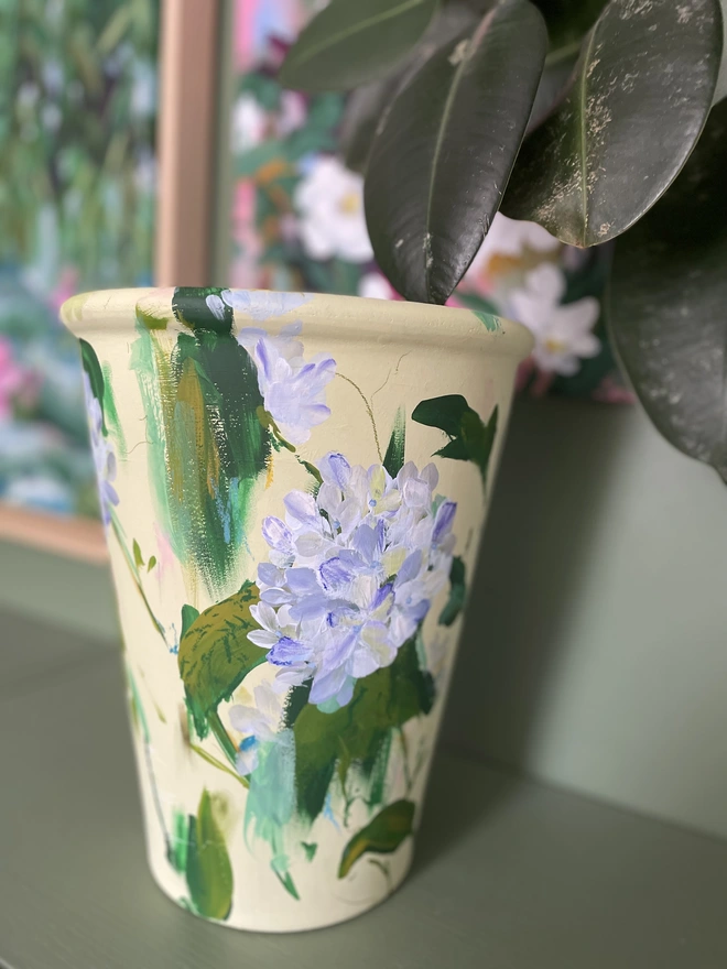 Pale green hand painted flora hydrangea plant pot 