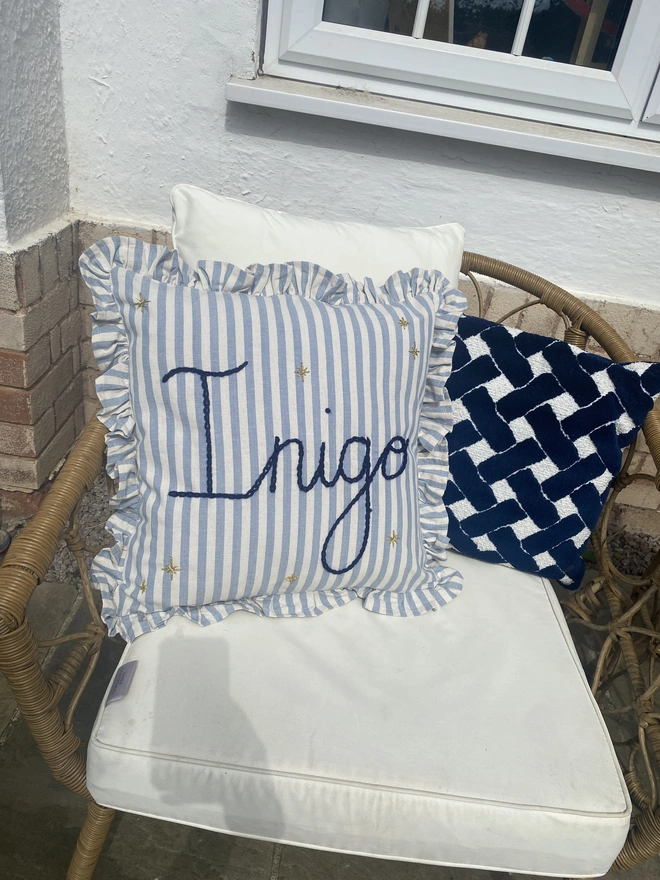 Blue Stripe Cushion With Ruffle Trim