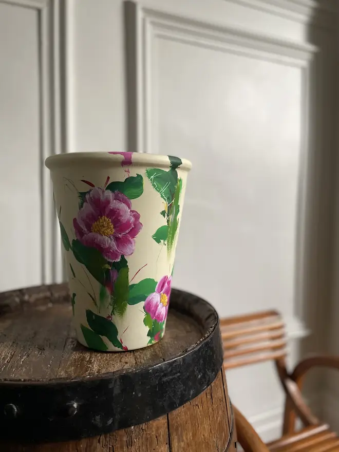  terracotta plant pot hand painted floral terracotta plant pot cream background with pink peony flowers.