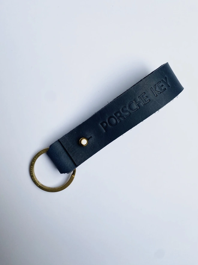 Personalised navy leather keyring