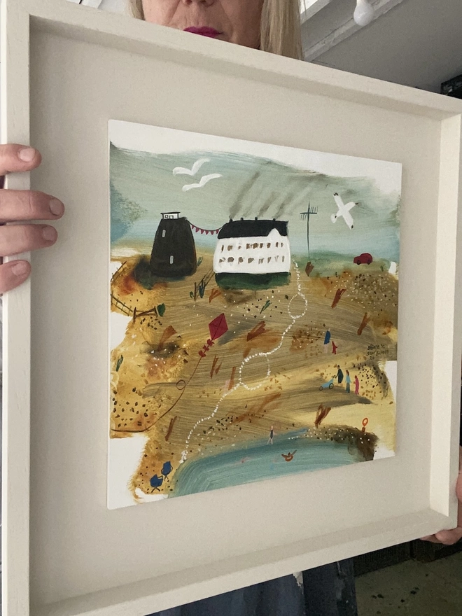 Charming whimiscal painting of the coast by Samantha Barnes, Narrative Art Beach Scene