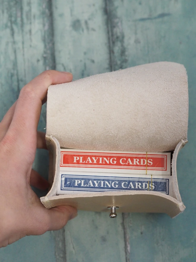 Personalised Leather Playing Card and Dice Holder Case. Natural cream handmade leather pouch.