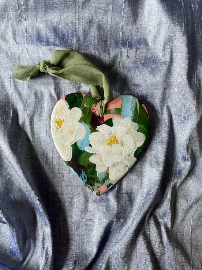 hand painted floral ceramic hanging heart peach background with white peony flowers 