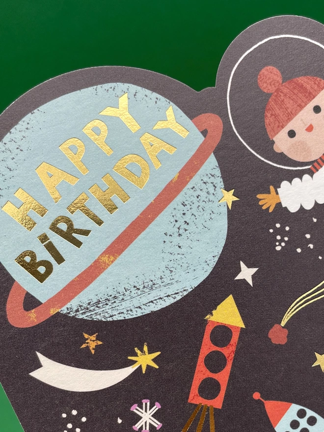 A closer look at the gold foil details on the colourful children’s birthday card