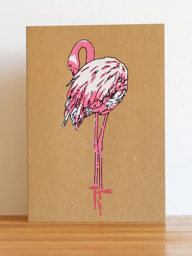 Flamingo hand screen printed greeting card kraft